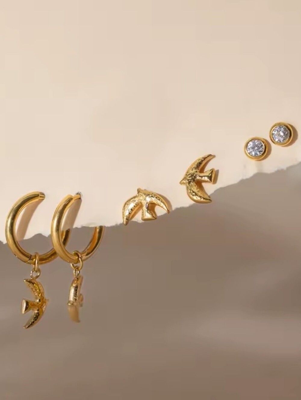 New! Gold Bird Huggie Hoop Stud 6 Pc Earring Ear Stack Gold Plated 2005b • NWOT